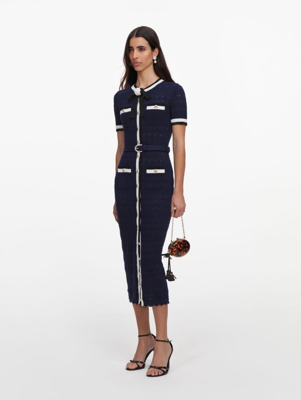 Self Portrait Navy Pointelle Knit Midi Dress - Picture 2 of 14